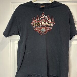 Harley Davidson Attitude Flames Shirt Youth XL Black  Biker Tee Utica NY Backer